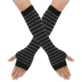 Gestreifte Strick Armstulpen ohne Finger für Damen, warme lange Winter Handschuhe schwarz. - Schwarz-Grau Gestreifte Armstulpen