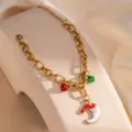 Christmas enamel stainless steel chain bracelet with cute Santa hat moon and colorful bells. - Moon Style (0350)
