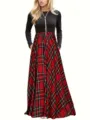 Casual round neck patchwork plaid long dress with black sleeves and red tartan skirt - S / Dresses / Colorful Red Plaid