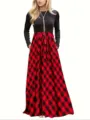 Long sleeve round neck dress with red and black buffalo plaid maxi skirt and pockets. - S / Dresses / Red/Black Plaid