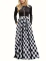 Detail of long-sleeved maxi dress with black top and checkered gingham skirt and pockets - S / Dresses / Black and White Plaid
