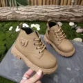 Detailed view of brown children's Martin boots with leather finish and thick anti-slip soles - Size 21 (14cm) / Khaki