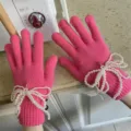 Damen rosa Strickhandschuhe mit Perlen Schleife süße Winter warme Touchscreen Handschuhe Mode - Einheitsgröße / Abnehmbare Perle Schleife / Fuchsia