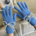 Damen süße blaue Strickhandschuhe mit Perlen Schleife Detail Winter warme Handschuhe - Einheitsgröße / Abnehmbare Perle Schleife / Blau