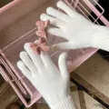 Weiße Strick-Touchscreen-Handschuhe mit niedlichen rosa Samtschleifen für warme Hände - Einheitsgröße / Rosa Schleife Weiß