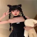 Detail view of sweet and cool black boxing braids wig, featuring trendy double pigtail hair extensions. - High Ponytail Style / 70 cm / Black
