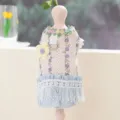 Ademende zomer kanten kattenjurk met bloemborduurwerk en schattige huisdierkleding. - Blauwe Bloem