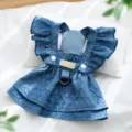 Blue pet dress with ruffles and straps, cute denim style puppy clothes for small dogs and cats. - Flutter Sleeve Deep Blue Dress