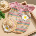 Buntes gestreiftes Hundeshirt mit Rüschen und Strohhut-Set, atmungsaktive Sommer-Haustierkleidung. - S (Empfohlenes Gewicht 1,5-2,5 kg) / Rosa Blümchen | Mit Hut
