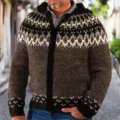 Men knit zip-up hoodie winter warm cardigan retro Nordic geometric pattern brown sweater top - S / Tops / Coffee