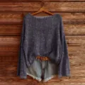 Casual purple knit sweater paired with denim shorts detail view for women's daily wear. - S / Tops / 863