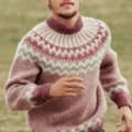 Men crew neck color block knit sweater vintage Nordic geometric pattern loose pullover top - S / Pink