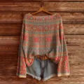 Boho style patterned knit sweater detail view, showcasing intricate ethnic retro print design. - S / Color 846