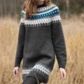 Dark gray Nordic jacquard knit sweater dress, long sleeve winter thermal casual dress variant. - S / Dark Gray