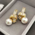 Boucles d'oreilles nœud zircon perle luxe français, bijoux dorés élégants pour femmes - Or