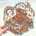 Detailed view of traditional Chinese opera mini 3D miniature scene sticker DIY puzzle toy. - Tea Theater Scene (3 Pcs)