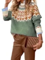 Close-up detail of women's colorblock knit sweater, cozy long sleeve pullover for winter. - S / Tops / 9328 Green
