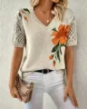 V-neck floral knit short sleeve top bohemian sweater with hollow out detail for women fashion - S / Tops / Orange