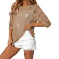 Close-up detail of women's beige crochet hollow-out knit top, showing breathable summer texture. - Khaki