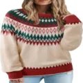 Women christmas sweater long sleeve casual round neck color block knitted pullover top - 9329 Apricot