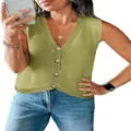 Casual women sleeveless V-neck knitted sweater vest stylish cropped button summer top - Fruit Green