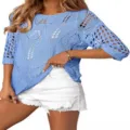 Close up view of the hollow out crochet knit top sleeve detail, soft texture and breathable. - Light Blue