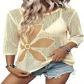 Detail view of the women hollow out knit sweater showcasing the flower pattern and 7/8 sleeves. - S / Dark Apricot