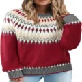Women casual colorblock crewneck long sleeve knit sweater with cozy geometric nordic patterns. - 9329 Red