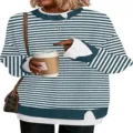 Blue and white striped knit sweater with fake two-piece collar, loose pullover top. - Blue and White