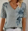 Light blue floral V-neck knit top with hollow out short sleeves, elegant pullover sweater. - Gray