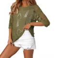 Crochet hollow out knit top, half sleeve summer sweater beach cover up apparel details - Army Green