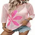 Hollow knit sweater featuring a stylish round neck, three-quarter sleeves, and bold floral design. - S / Pink