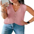 Women's casual sleeveless V-neck knit sweater vest, trendy summer crop top detail. - Deep Pink