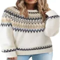 Close-up detail of women's round neck color block knit sweater with geometric pattern. - 9329 White