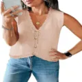 Women's summer V-neck crochet knitted vest, casual sleeveless button-down crop top sweater. - Lotus root pink