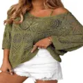 Olive green crochet hollow out knit sweater with batwing sleeves and casual style. - S / Olive