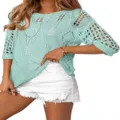Detailed view of mint green crochet hollow knit top, half sleeve summer beach sweater cover up. - Mint Green