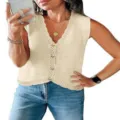 Women sleeveless V-neck knit sweater vest, casual loose button short summer top for daily wear. - S / Apricot