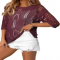 Women hollow out crochet knit top short sleeve sweater beach cover up summer blouse - Burgundy