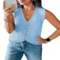 Women Summer V-Neck Blue Knit Tank Top Casual Sleeveless Button Cardigan Vest Top - S / Sky Blue