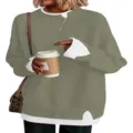 Women fake two-piece knit sweater loose pullover crew neck casual long sleeve green top - Green