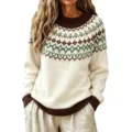Women's colorblock crewneck knit sweater, casual loose pullover top with geometric pattern. - 3XL / Tops / 9365