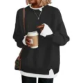 Oversized layered knit sweater for women, casual long sleeve pullover top with fake two piece. - S / Black