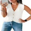 Women white sleeveless V-neck knit sweater vest, casual summer button crochet top. - S / White