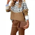 Women's color block crew neck loose knit sweater long sleeve casual pullover top - S / Tops / 9328 Camel