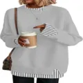 Women gray fake two piece knit sweater casual long sleeve striped pullover top new - Gray Striped