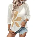 Women hollow out knit sweater casual crew neck three quarter sleeve floral pullover top - S / White