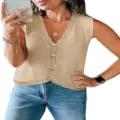 Women sleeveless V-neck crochet knit sweater vest casual button down summer fashion top - S / Dark Apricot