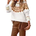Women's round neck colorblock loose knit sweater casual long sleeve pullover top brown - 9328 Apricot