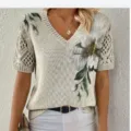 Beige floral print V-neck knit top, short sleeve sweater for women, elegant casual style. - S / Tops / White